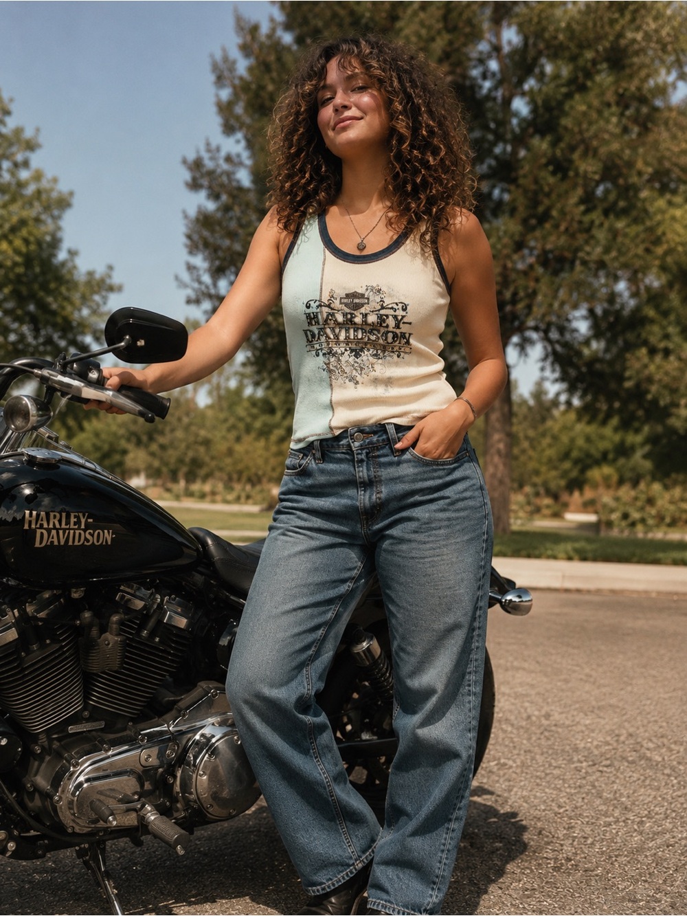 Harley-Davidson Cream & Light Blue Split Graphic Tank